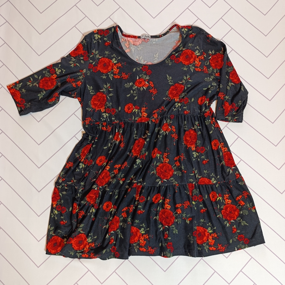 Rose Floral Jersey Baby Doll Long Sleeve Dress